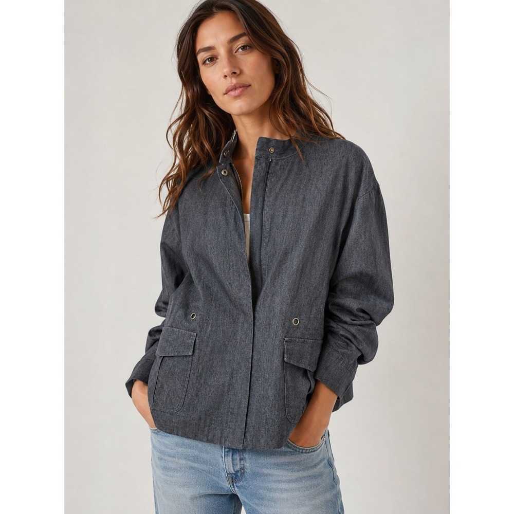 Sandro Paris Gray Cotton Denim Utility Jacket Mock Neck Cargo Pockets Size 4
